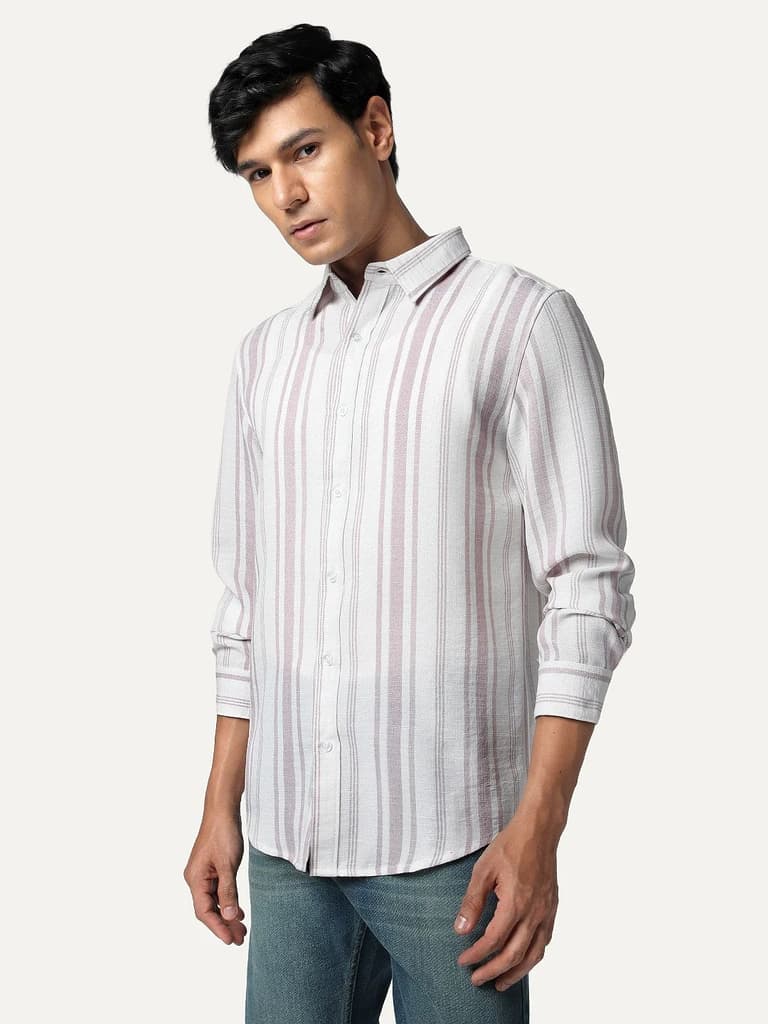 Men's Lilac Cotton Full Sleeve Relaxed Fit Linen Striped Shirt with Spread Collar — photo 3