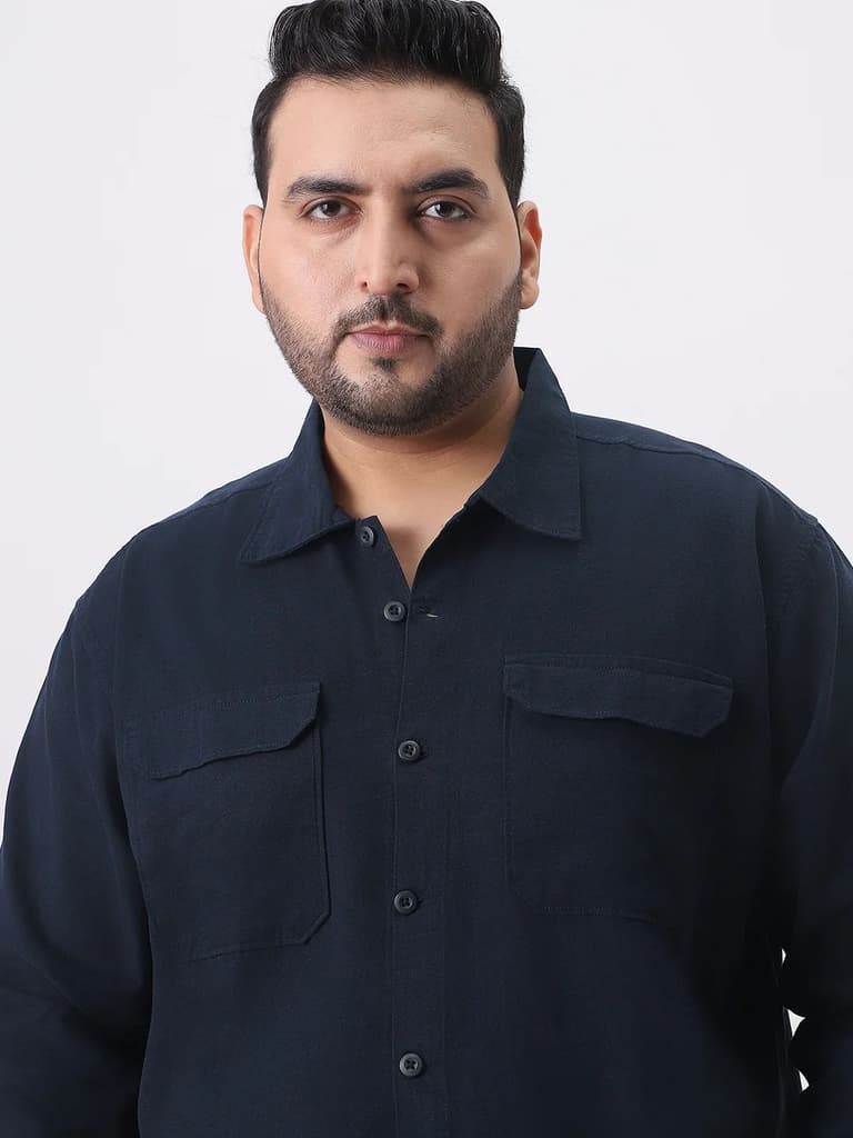 Plus Men's Navy Cotton Full Sleeve Relaxed Fit Shacket with Utility Pockets — photo 7