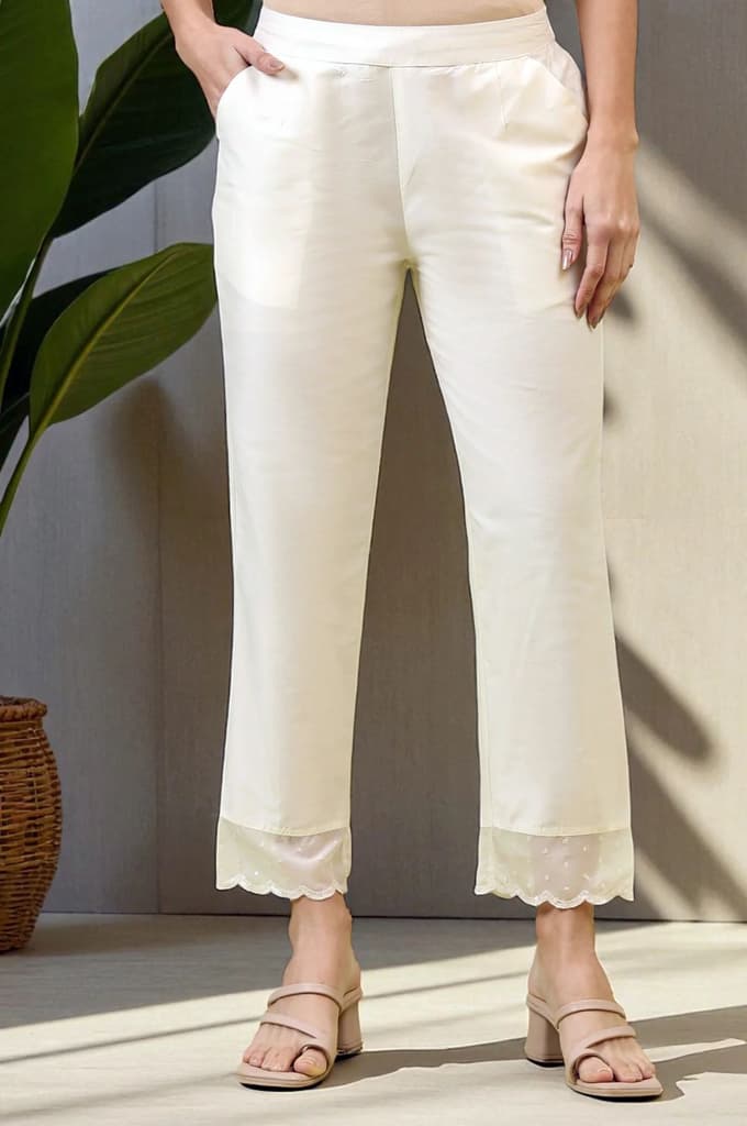 White Solid Mid-Rise Straight Pants with Embroidered Organza Scallop Hemline — S