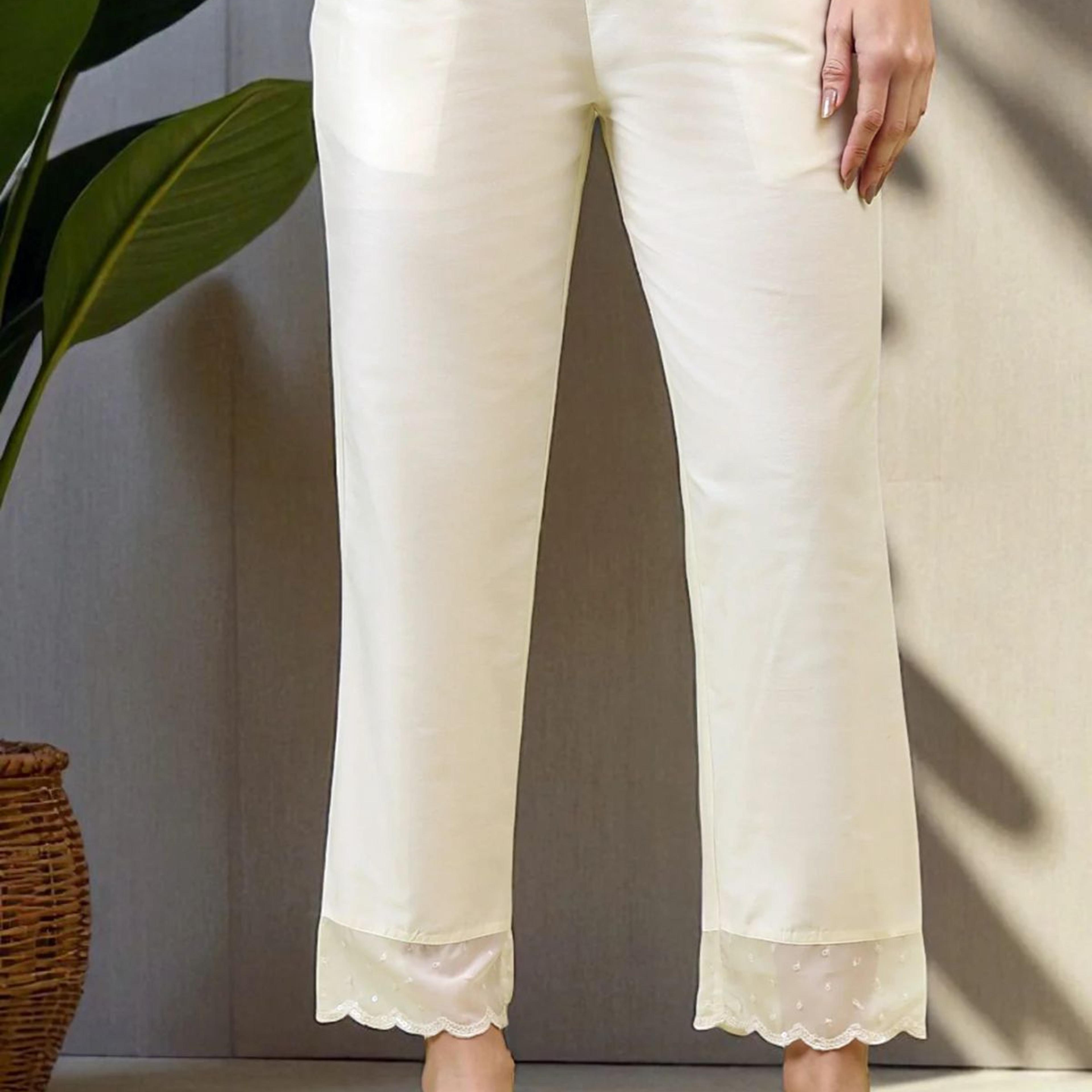 White Solid Mid-Rise Straight Pants with Embroidered Organza Scallop Hemline