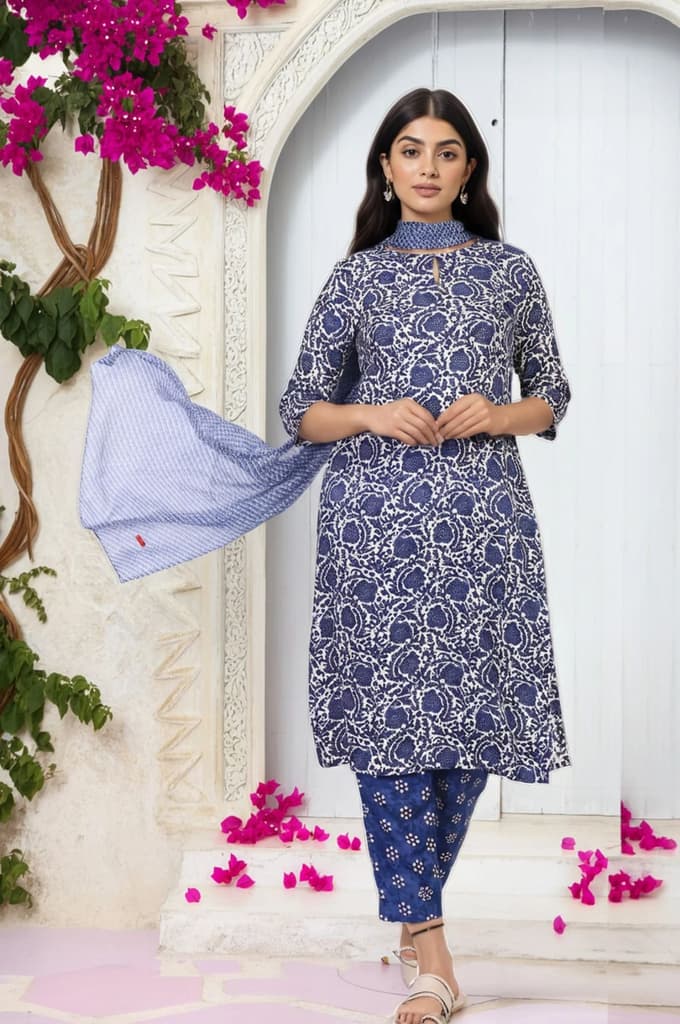 Blue Floral Printed Straight Kurta with Straight Pant and Dupatta Set — photo 2