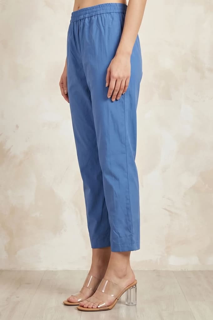Blue Solid Pure Cotton Straight Fit Pants — photo 2