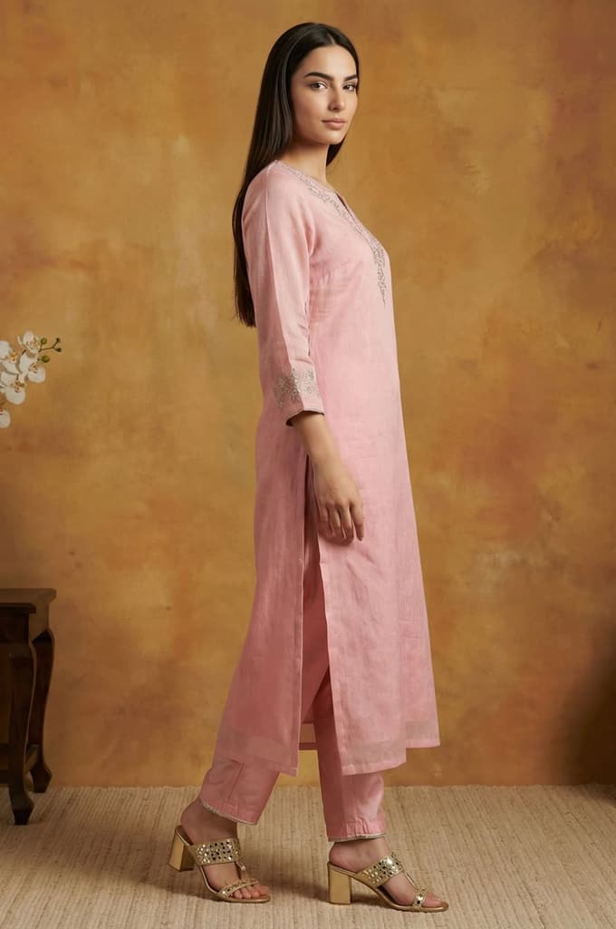 Pink Floral Tissue Straight Kurta with Straight Pant and Dupatta Set — photo 5