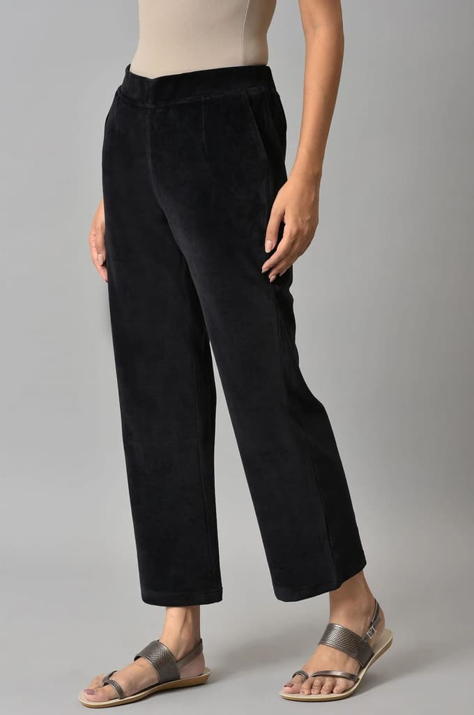 Black Solid Straight Fit Cotton Trousers With Elasticated Waist — photo 4
