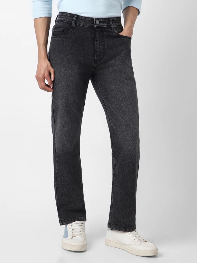 Men's Black Straight Fit Washed Jeans Stretchable — photo 2