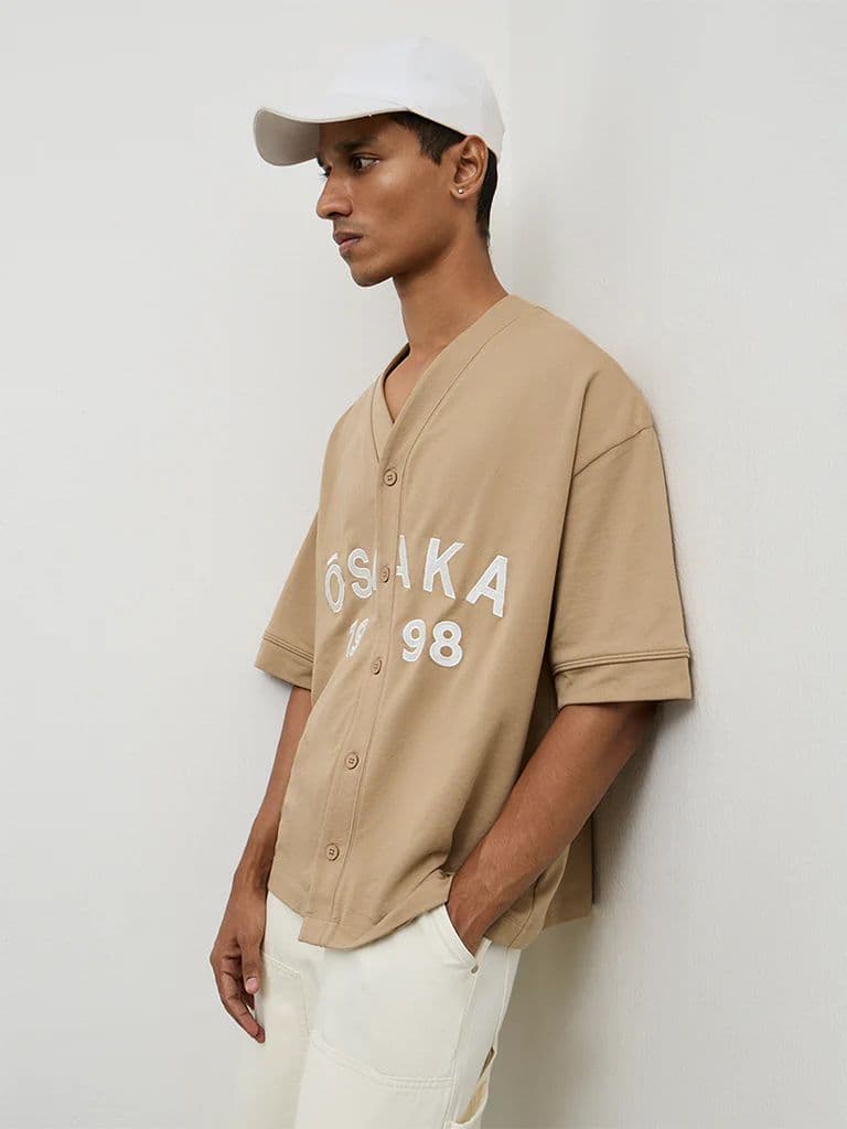 Nuon Beige Typographic Relaxed-Fit Cotton-Blend Shirt