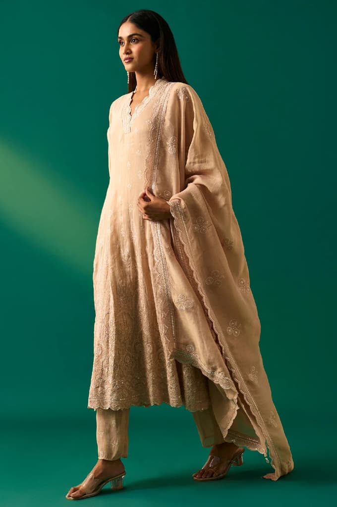 Beige Embroidered Anarkali Kurta with Straight Pant and Dupatta Set — photo 3