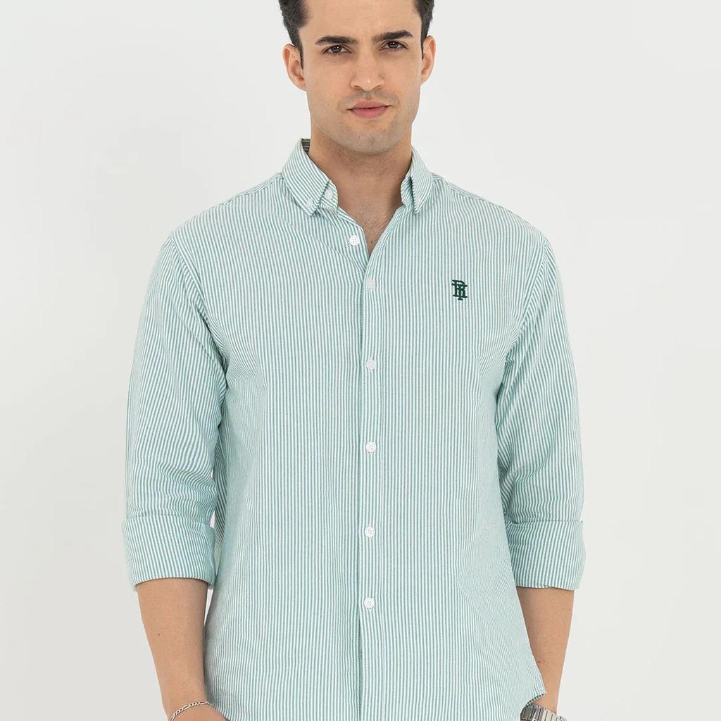 Shirts for Men in Green | Striped Oxford Full Sleeve Casual Shirt