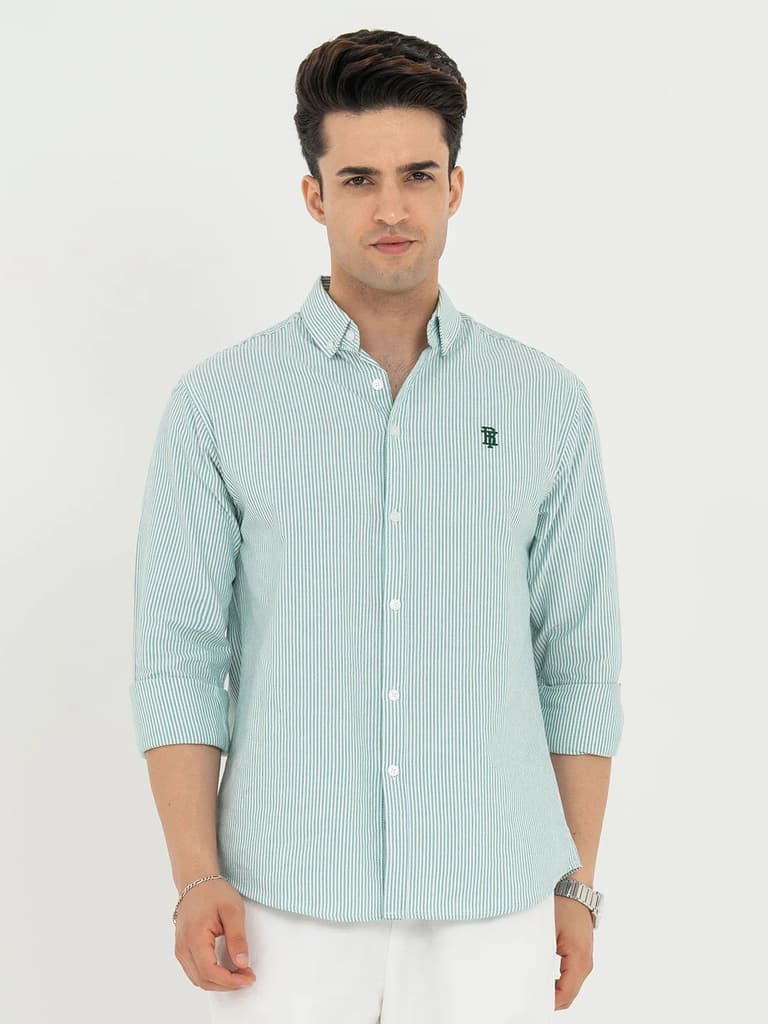 Shirts for Men in Green | Striped Oxford Full Sleeve Casual Shirt — S / Green