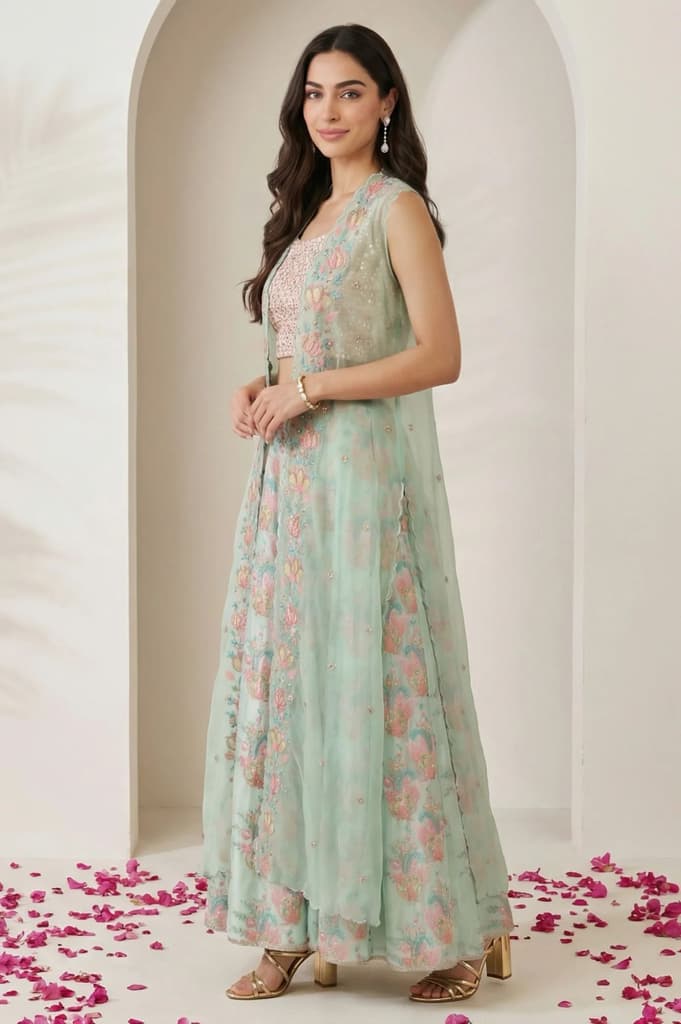 Sea Green Embroidered Blouse with Printed Flared Skirt and Embroidered Jacket Set — photo 3