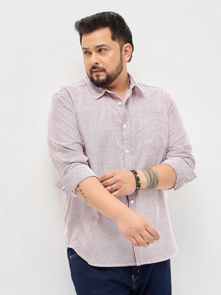 Plus Men's Maroon Cotton Full Sleeve Regular Fit Casual Striped Shirt — photo 2