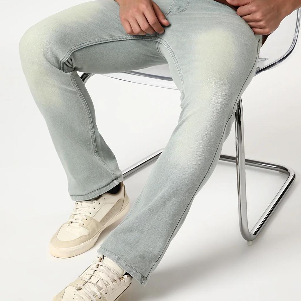 Men's Ice Grey Bootcut Fit Mid Rise Heavy Washed Jeans Stretchable