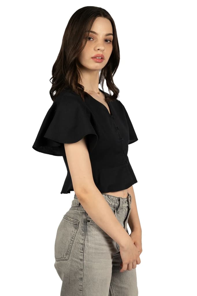 Black Cotton Linen Fitted Crop Top — photo 3