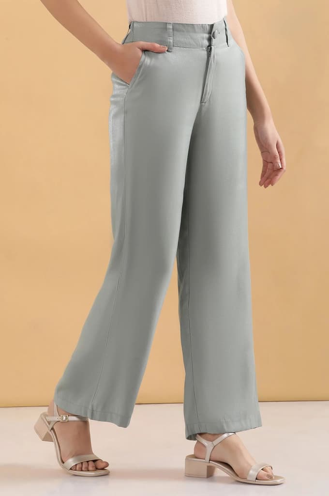 Grey Solid Straight Fit Woven Pants With Elasticated Back — photo 6