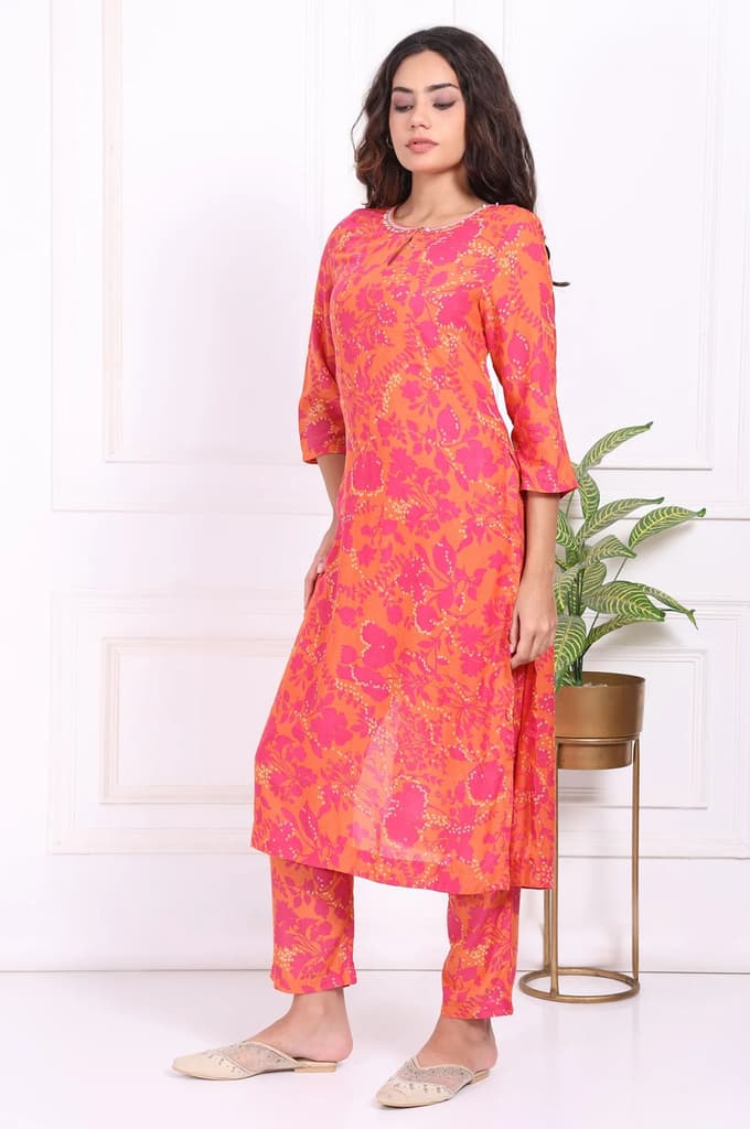Orange Floral Printed Mirror work Modal Straight Kurta — photo 4