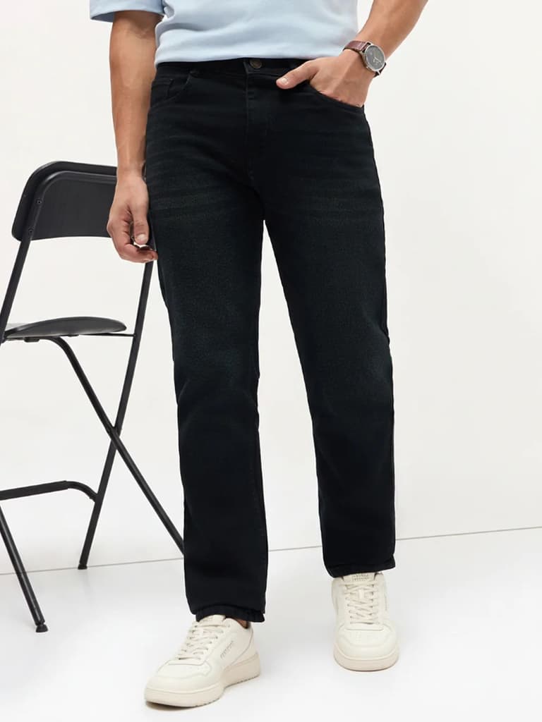 Men's Black Regular Fit Whisker Wash Yellow Tint Denim Jeans Stretchable — photo 2