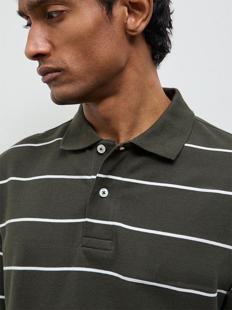 WES Casuals Dark Olive Striped Relaxed-Fit Cotton Polo T-Shirt — photo 3