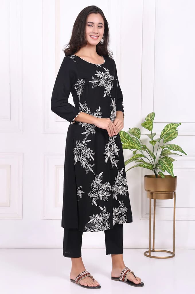 Black Floral Printed Embroidered Rayon Straight Kurta and Pants Set — photo 6