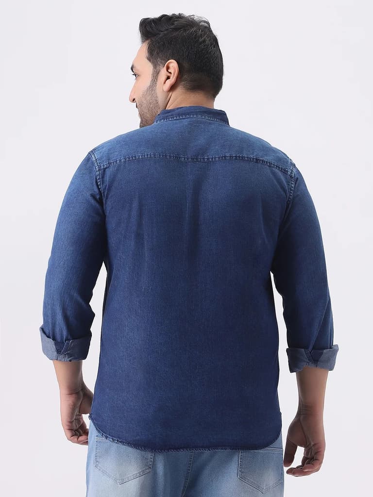 Plus Men's Dark Blue Regular Fit Full Sleeve Washed Denim Shirt — photo 4