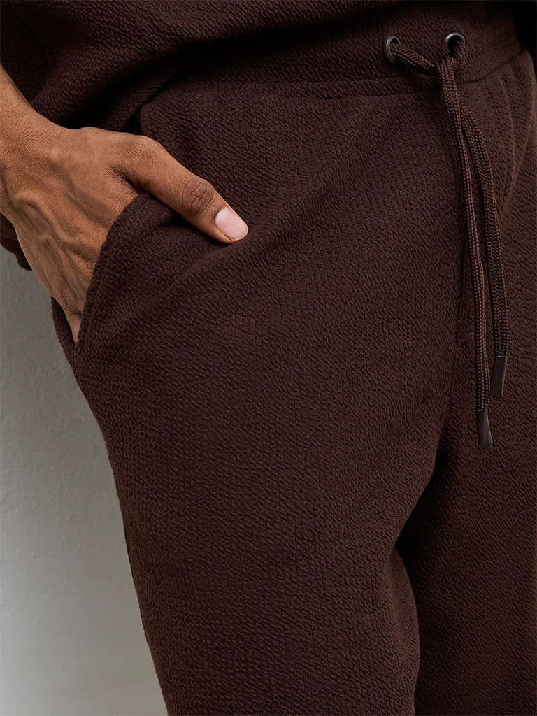 Nuoflexx Dark Brown Textured Relaxed-Fit Mid-Rise Cotton-Blend Shorts — photo 3