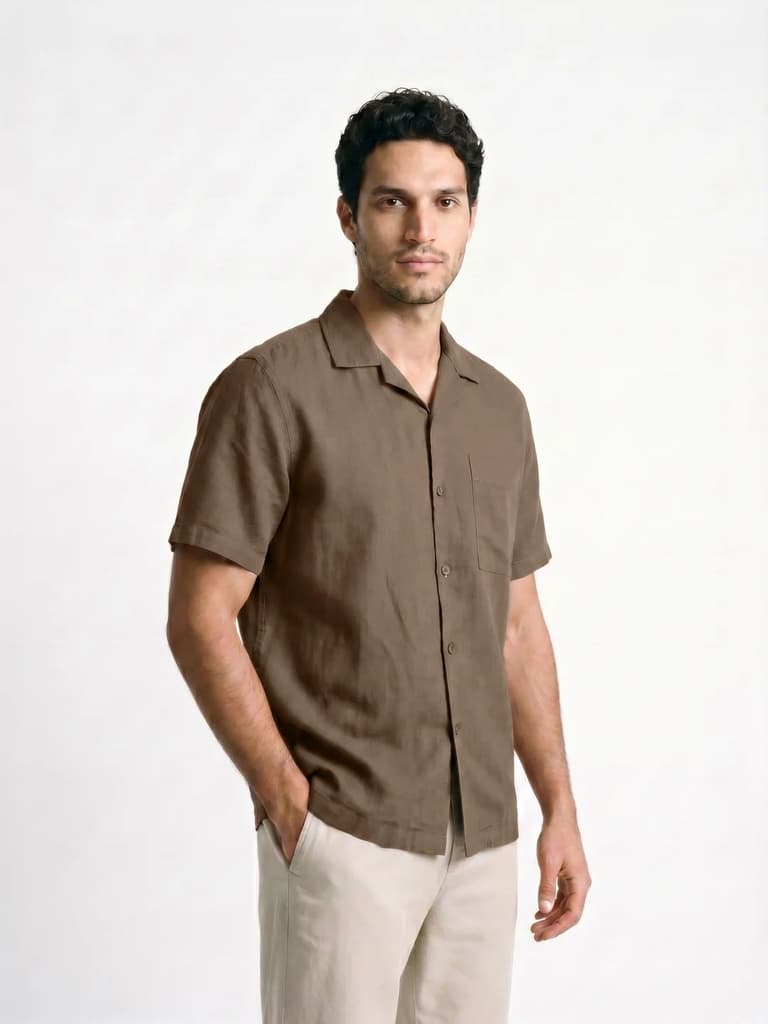Men's Coffee Linen Half Sleeve Oversized Fit Shirt with Cuban Collar — photo 2