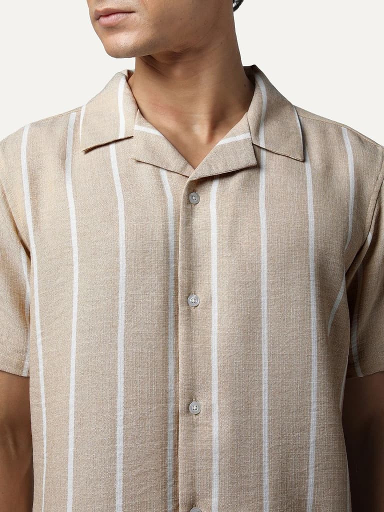 Men's Beige Cotton Half Sleeve Relaxed Fit Linen Striped Shirt with Cuban Collar — photo 6