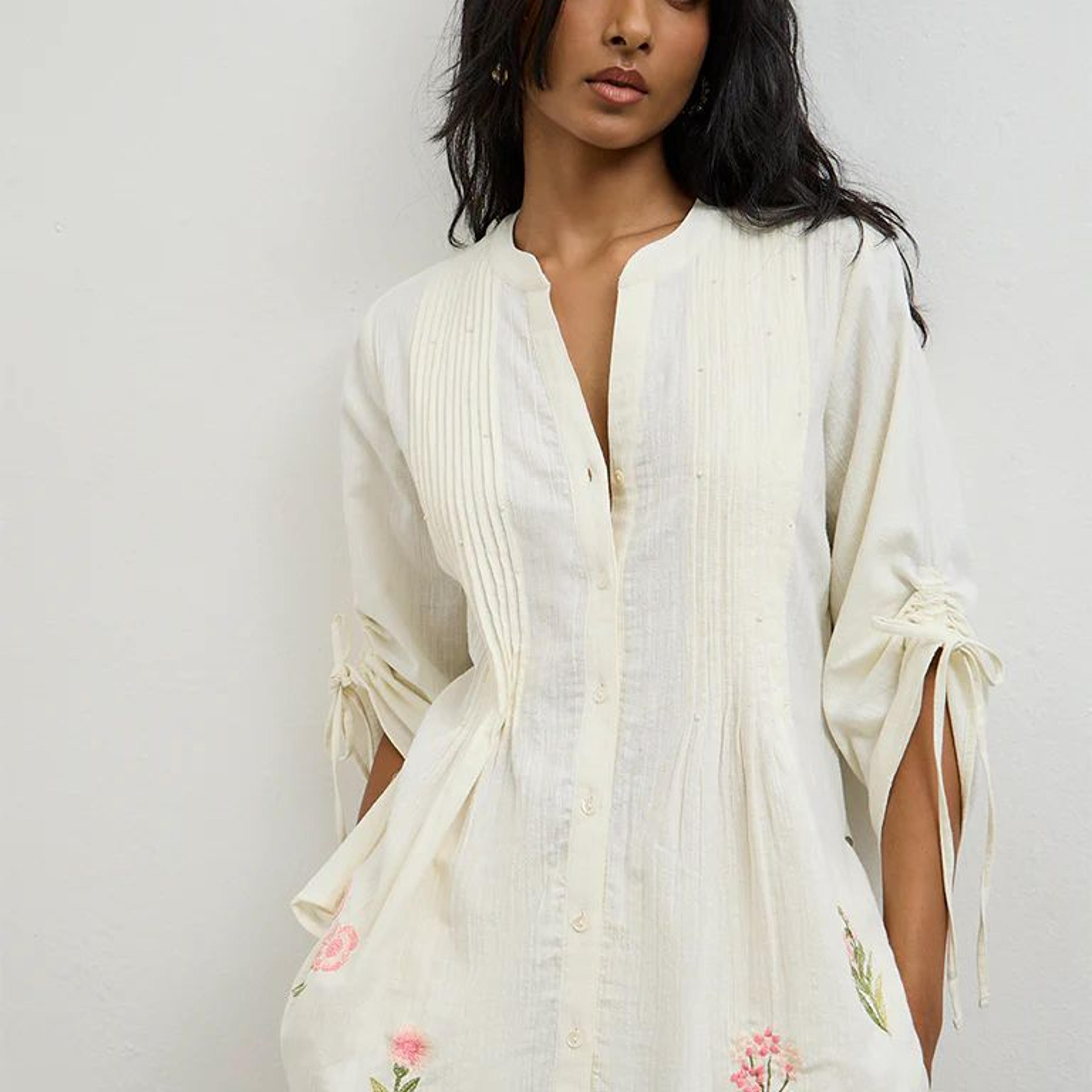 Utsa Off-White Floral Embroidered Cotton-Blend Tunic