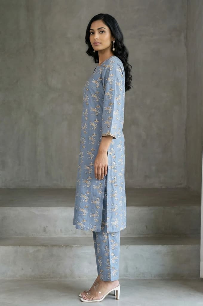 Blue Block Printed Pure Cotton Straight Kurta with Pants and Dupatta Set — photo 6