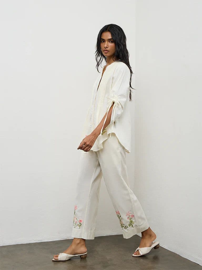 Utsa Off-White Floral Embroidered Cotton-Blend Tunic — photo 2