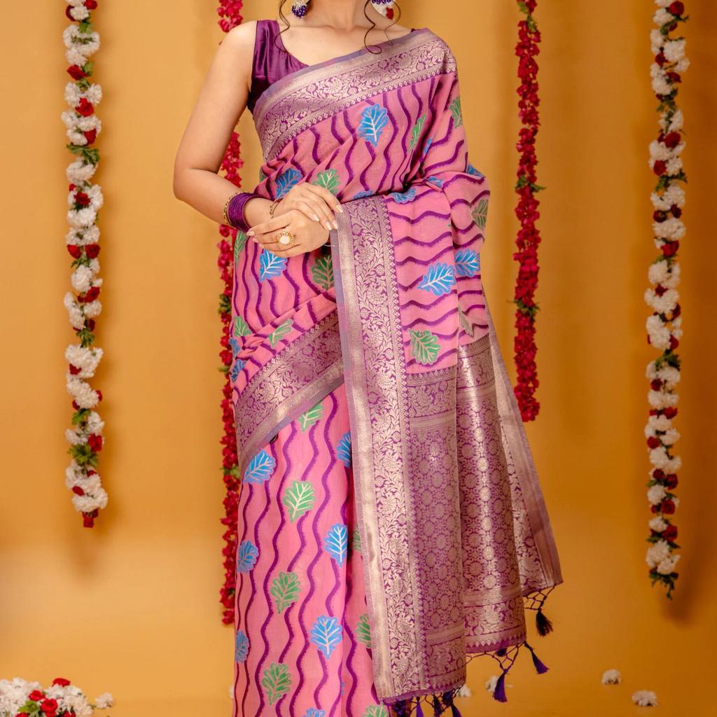 Mimosa Women's Woven Design Kanjivaram Style Art Silk Saree With Blouse Piece : SA00001600PNKFREE