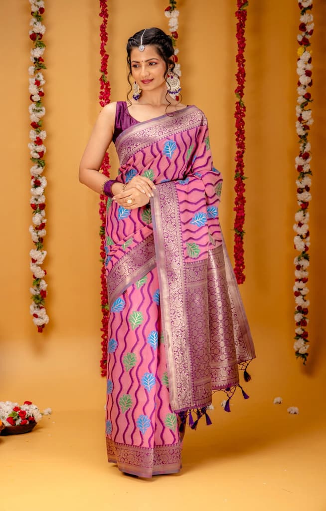 Mimosa Women's Woven Design Kanjivaram Style Art Silk Saree With Blouse Piece : SA00001600PNKFREE — Pink