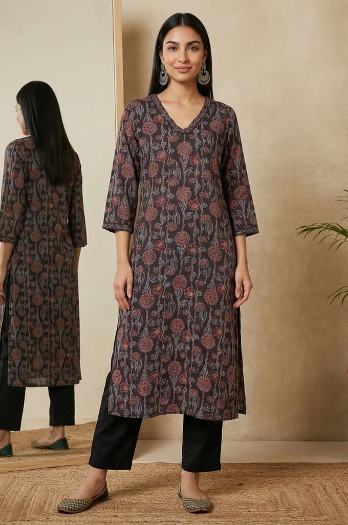 Brown Block Printed Sequins Satin Straight Kurta — XS