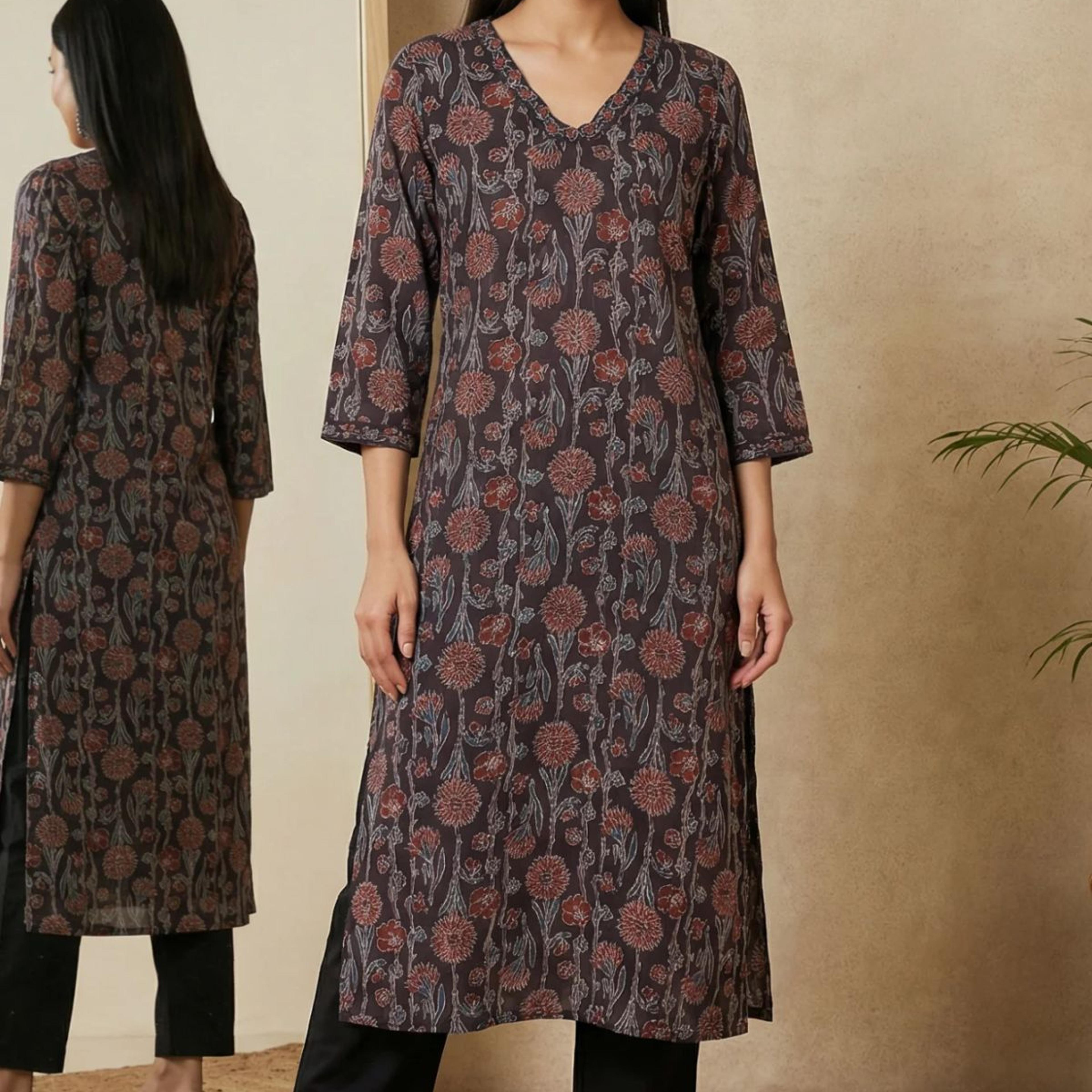 Brown Block Printed Sequins Satin Straight Kurta
