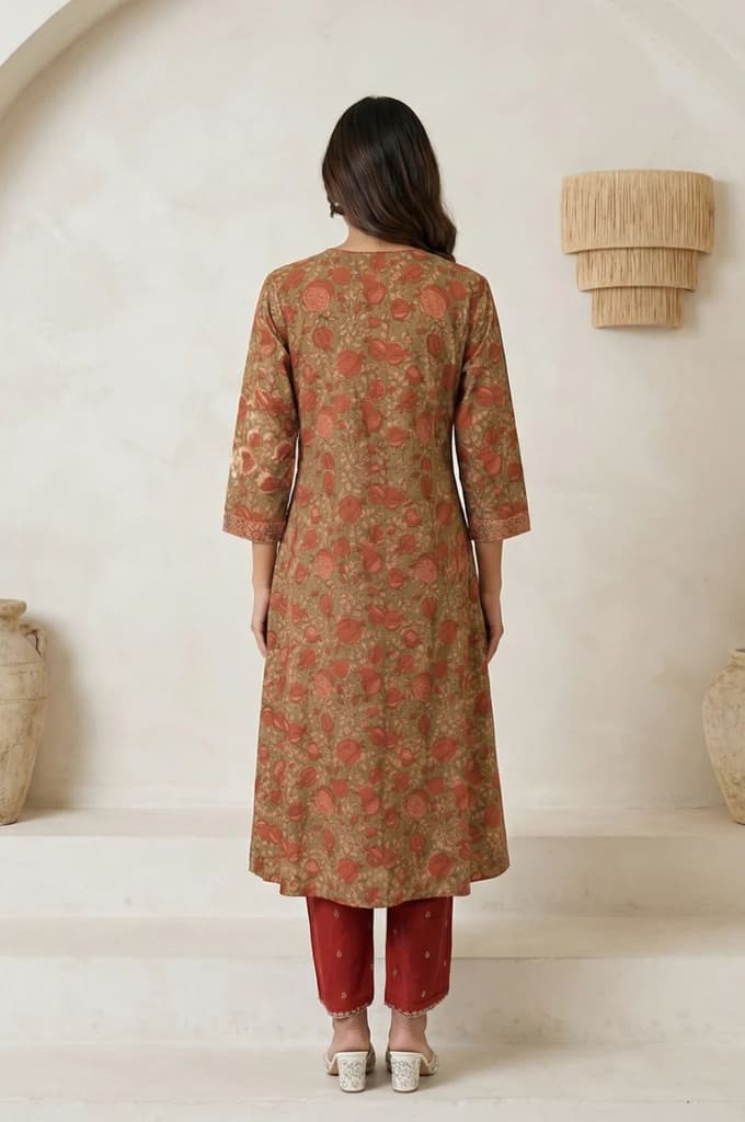 Olive Floral Printed Beadwork Pure Cotton Straight Kurta — photo 4