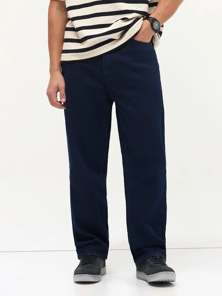 Men's Dark Blue Loose Baggy Fit Raw Washed Denim Jeans Non-Stretchable — photo 2