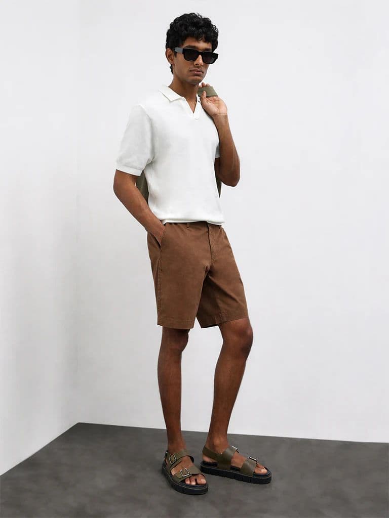 WES Casuals Brown Relaxed-Fit Mid-Rise Cotton-Blend Carpenter Shorts