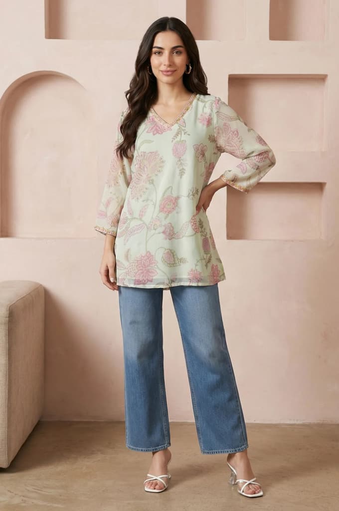 Green Embroidered Chiffon Straight Top — photo 3