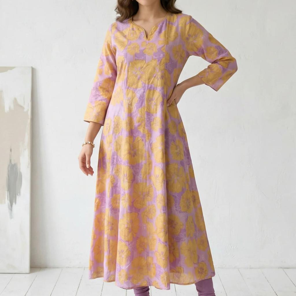 Lavender Bold Floral Printed Pure Cotton A-line Kurta