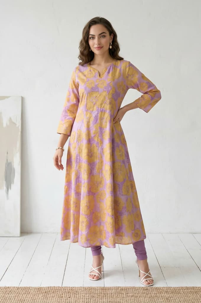 Lavender Bold Floral Printed Pure Cotton A-line Kurta — XS
