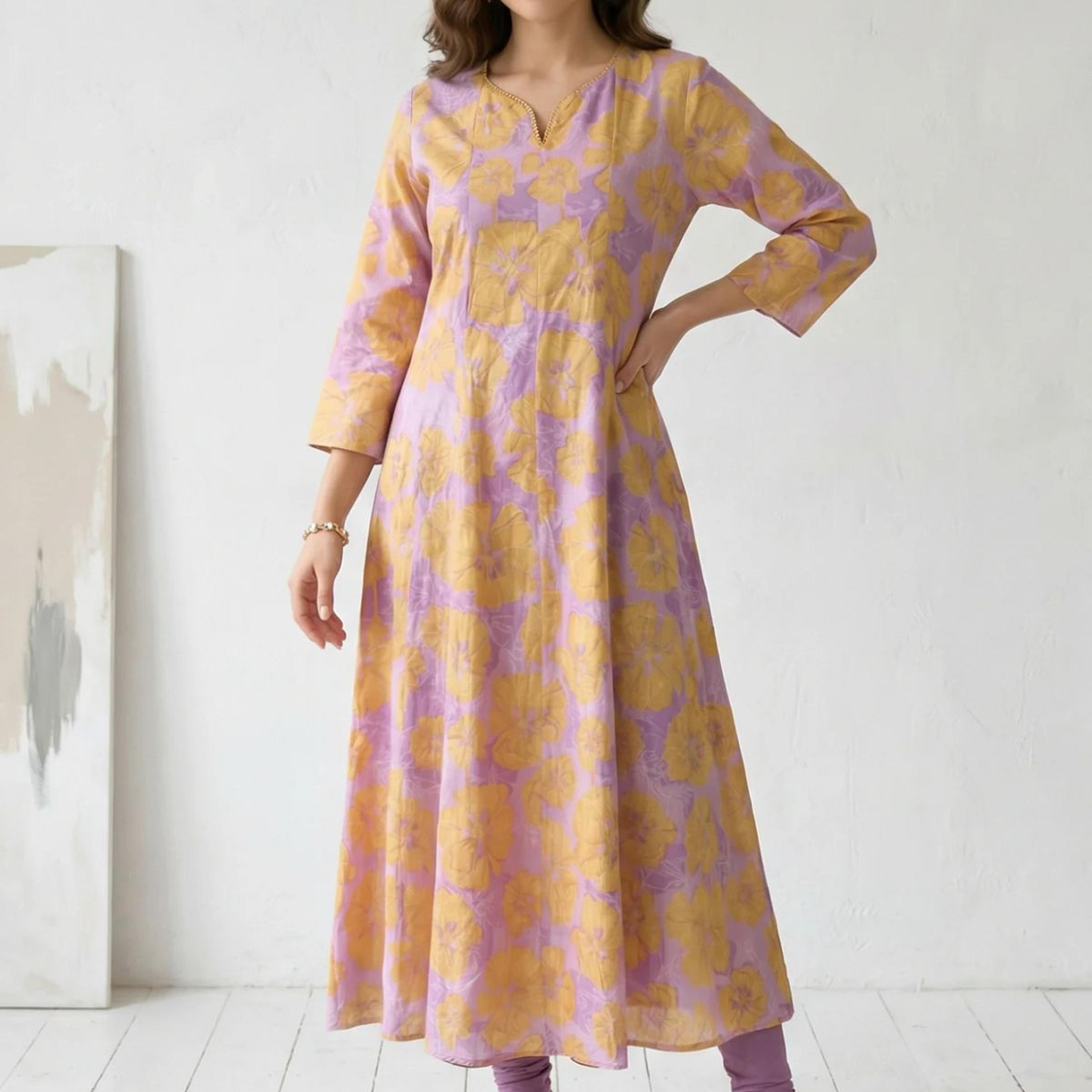 Lavender Bold Floral Printed Pure Cotton A-line Kurta