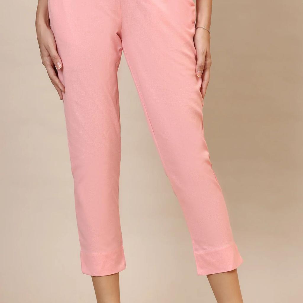 Pink Solid Slim Fit Cotton Trousers With Elasticated Waist