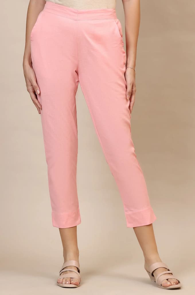 Pink Solid Slim Fit Cotton Trousers With Elasticated Waist
