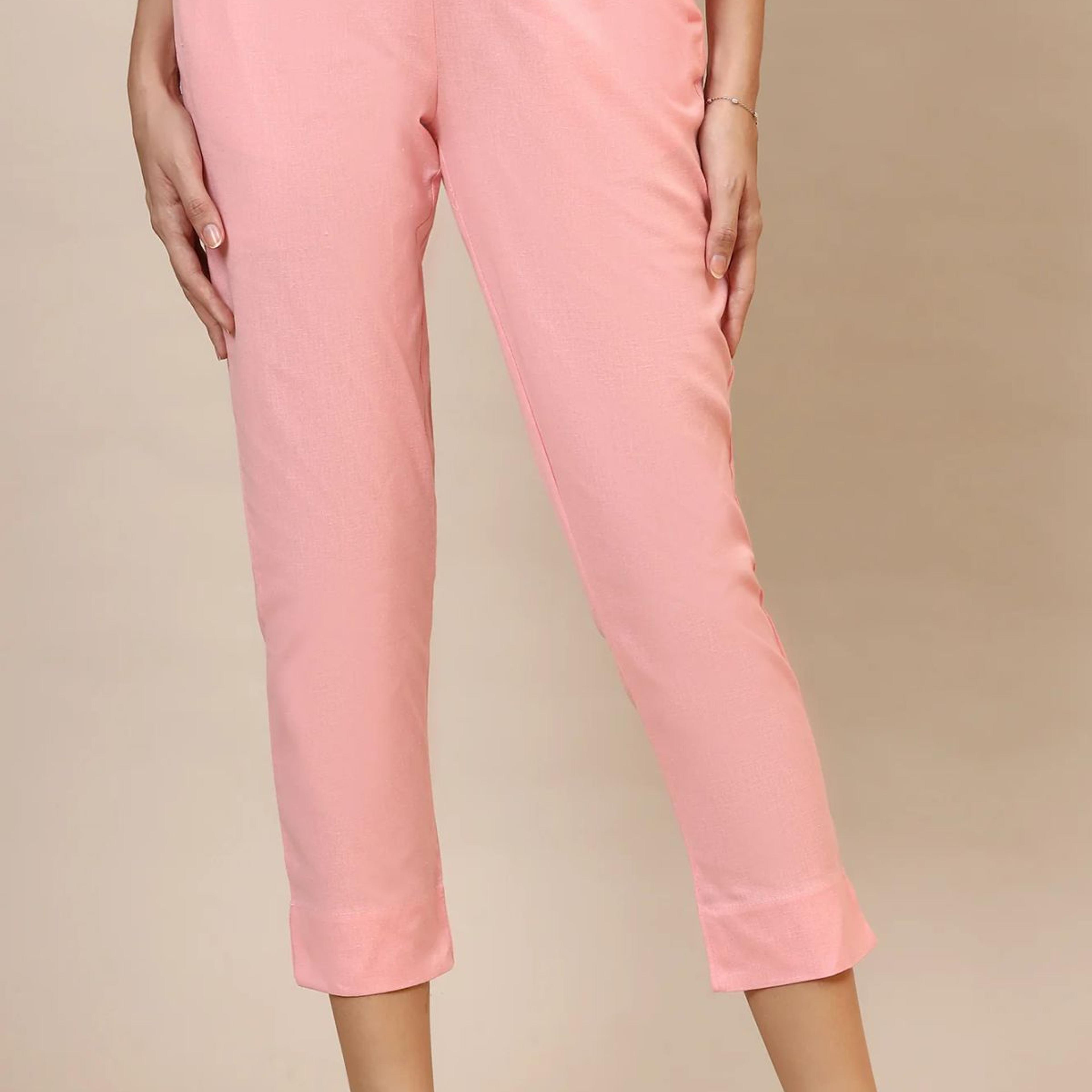 Pink Solid Slim Fit Cotton Trousers With Elasticated Waist