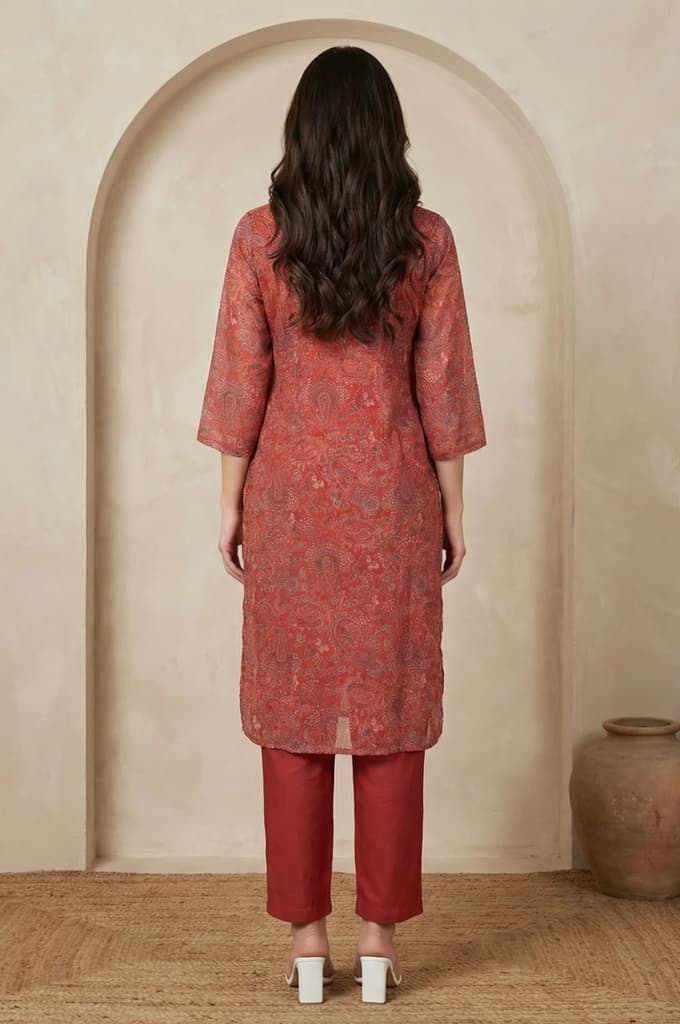 Rust Paisley Printed Straight Chiffon Kurta with Embroidered Neck — photo 5