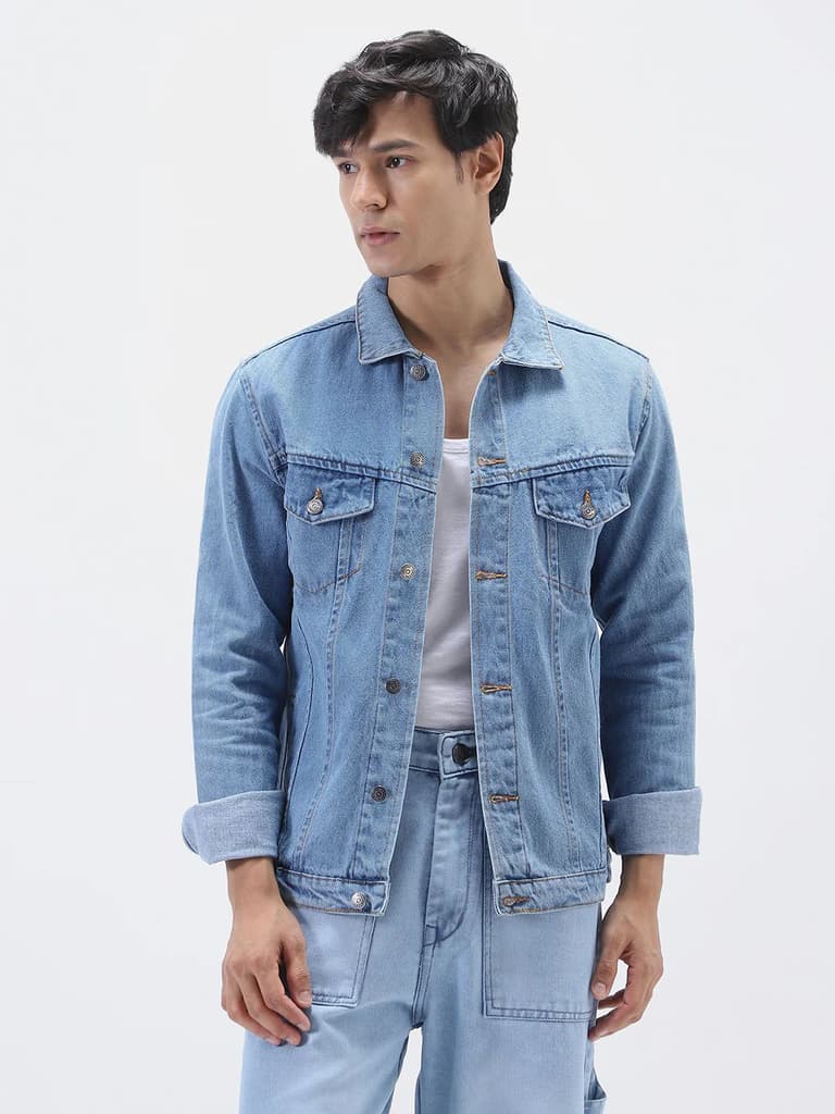 Men's Light Blue Solid Regular Fit Washed Full Sleeve Denim Jacket — photo 2