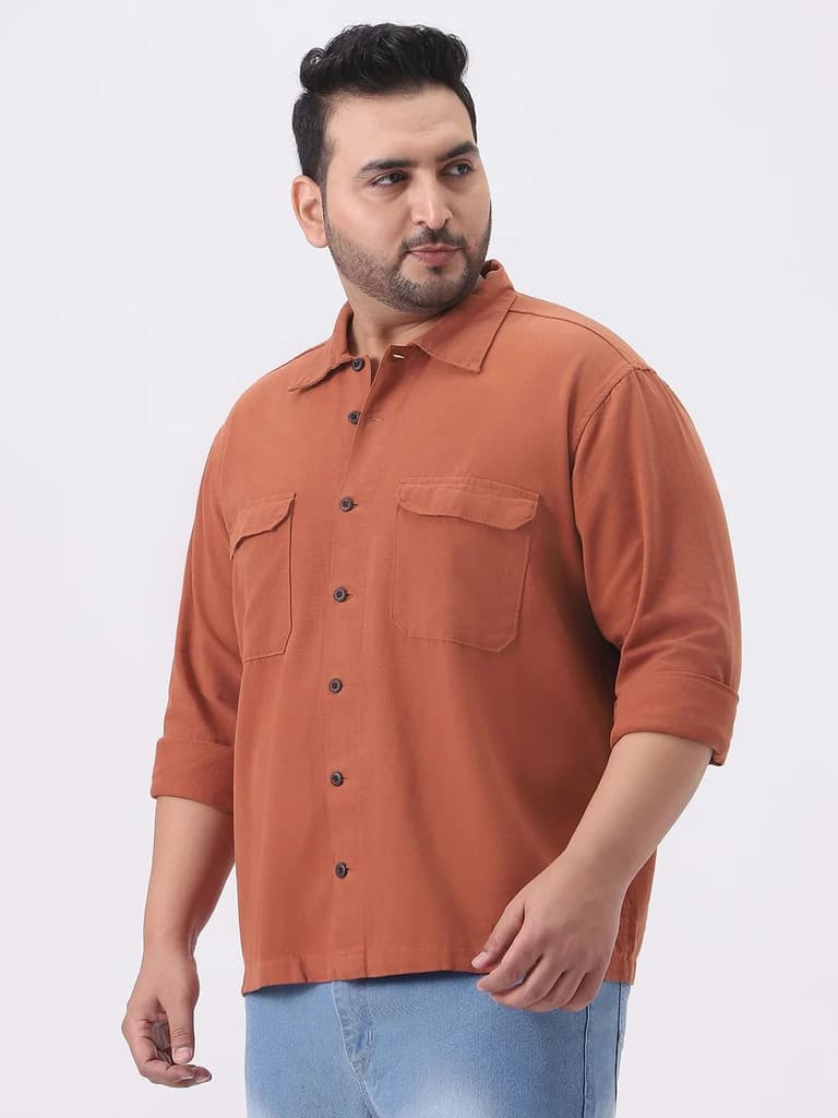Plus Men's Rust Cotton Full Sleeve Relaxed Fit Shacket with Utility Pockets — photo 3