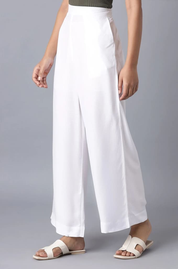 White Solid Relaxed Fit Ankle Length High Rise Palazzo — photo 3