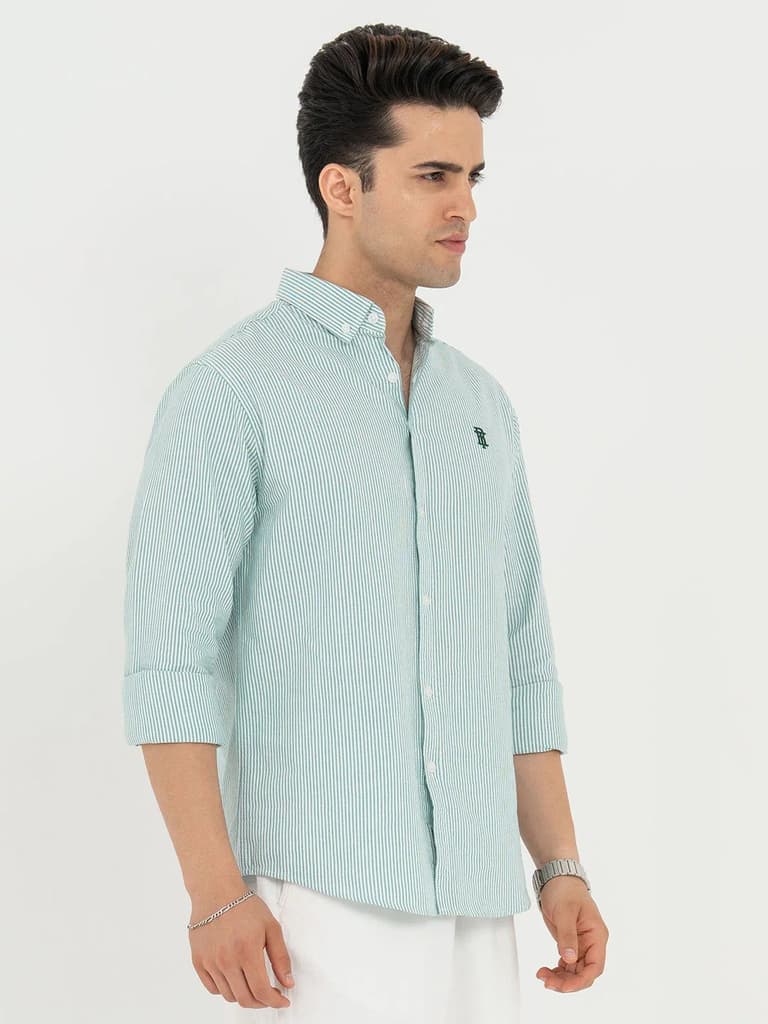 Shirts for Men in Green | Striped Oxford Full Sleeve Casual Shirt — photo 6