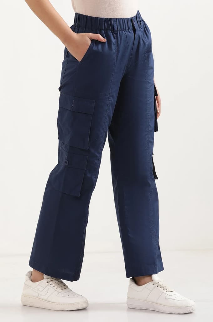 Navy Blue Solid Straight Fit Cotton Cargo Pants With Elasticated Waist — photo 6