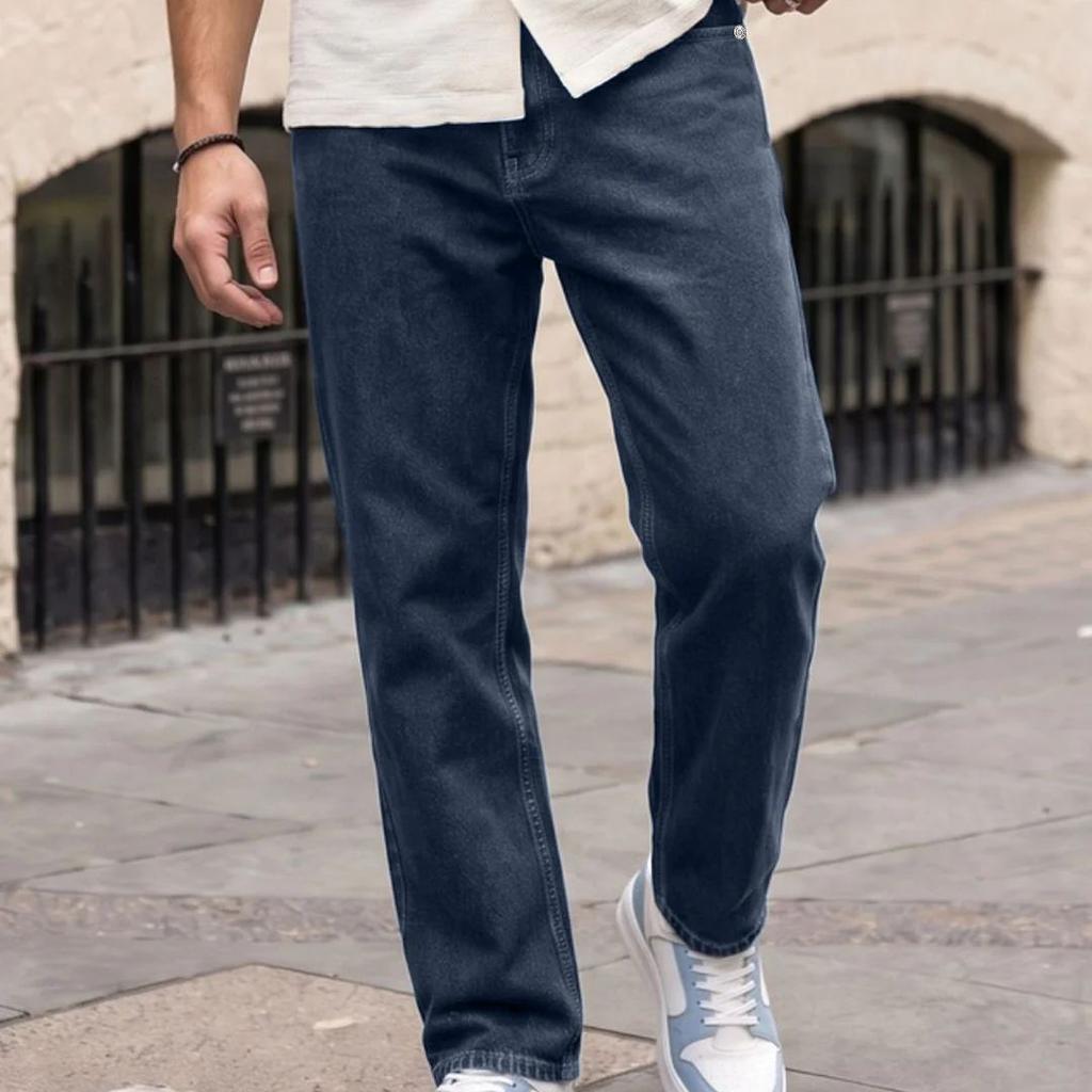 Men's Dark Blue Relaxed Fit Washed Denim Jeans Non-Stretchable